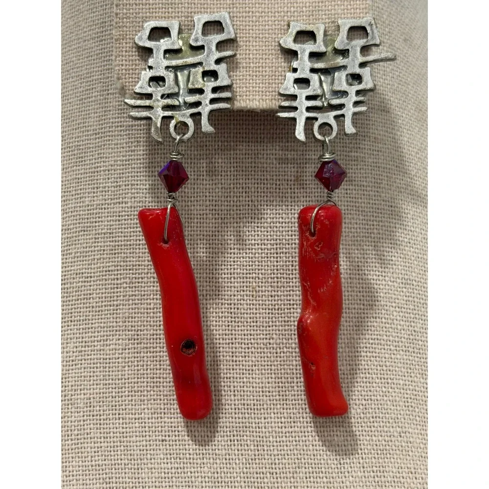 Double Happiness Earrings  Silver Tone Red Imitation Coral Clip On Dangle Drop
